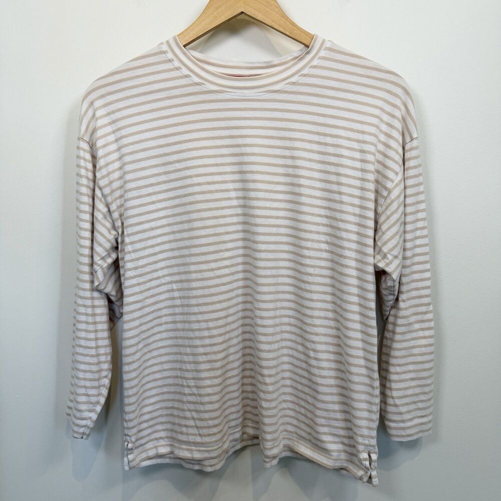 AYR Top Women Small Tan White Striped 3/4 Sleeve Preppy Nautical French Fry